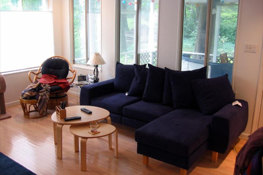 Sunlit living room with large windows and a navy sofa