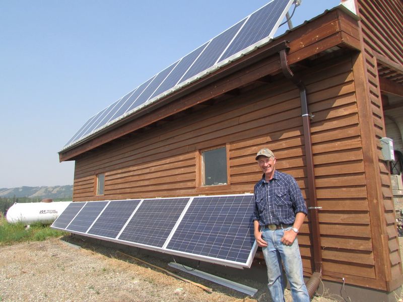 Solar panels on the roof and wall of a timber-clad home